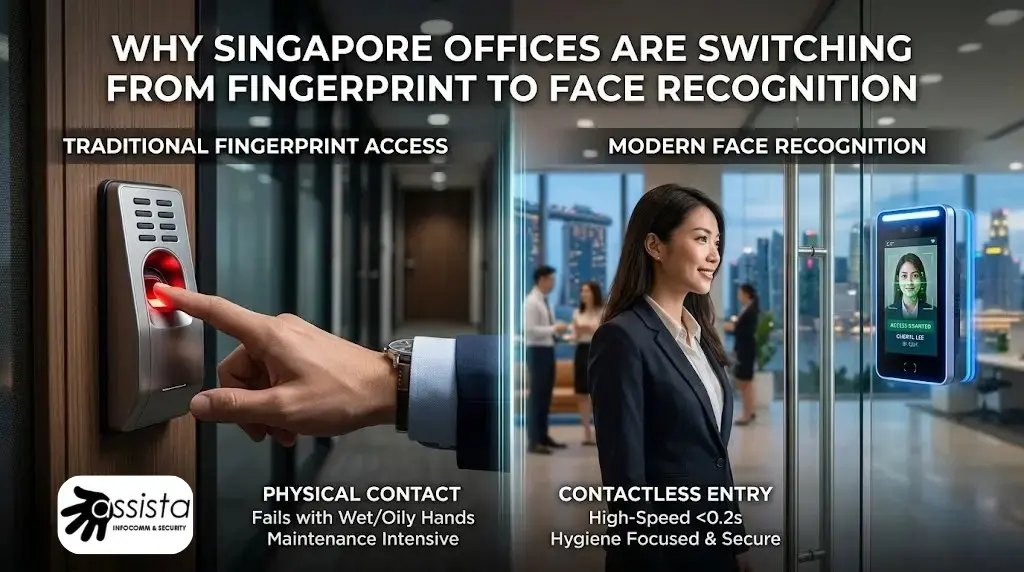 A comparison of a contactless facial recognition terminal versus a traditional fingerprint door access system in a Singapore office.