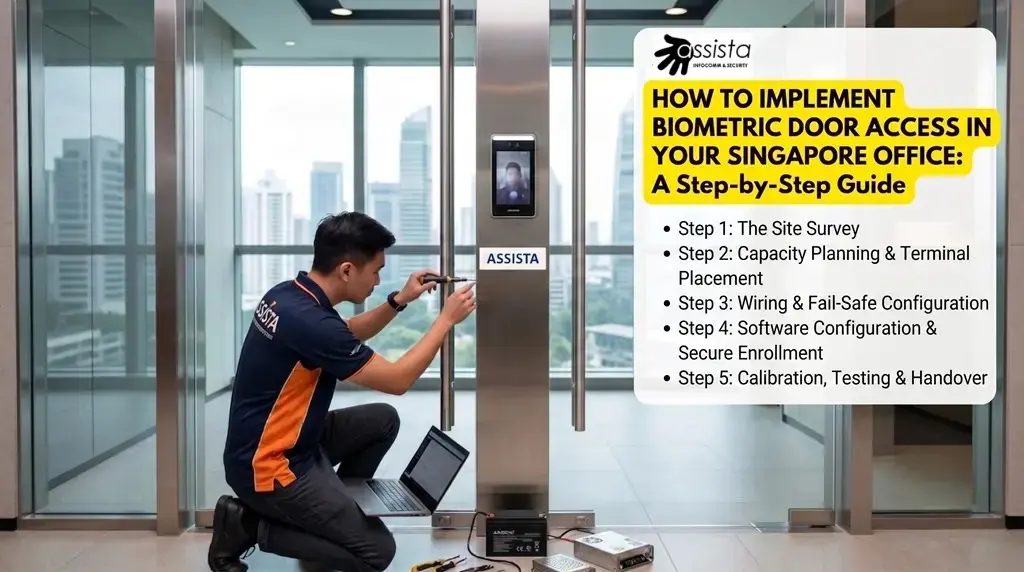 A secure Hikvision face recognition terminal is being professionally calibrated by an installation technician on a glass door entrance in a modern Singapore office.